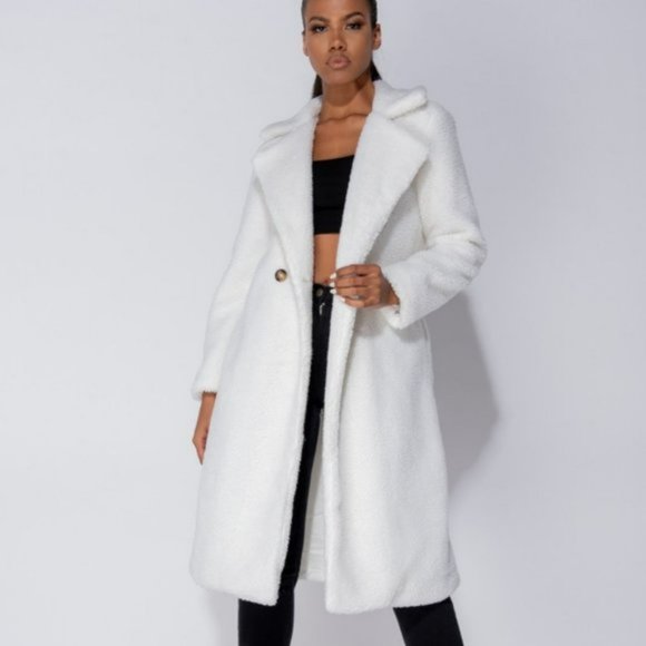 White Long Sleeve Double Breasted Loose Fit Long Maxi Teddy Bear Fur Coat - Picture 2 of 16